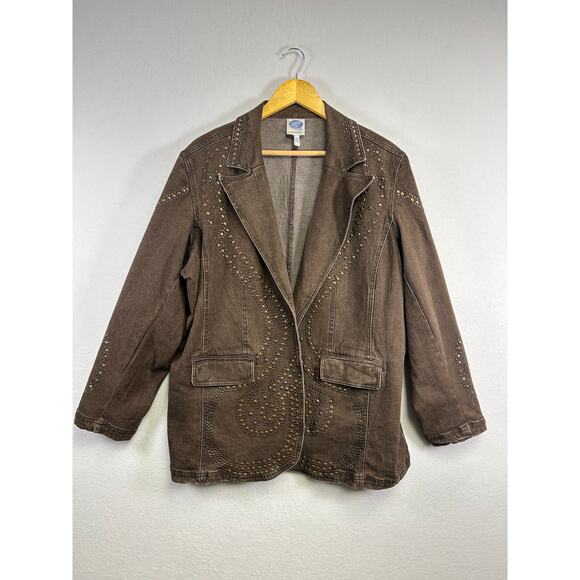 Vintage DG2 by Diane Gilman brown studded denim jacket 2X Western - Picture 1 of 10